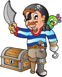 Armed pirate with treasure chest Game