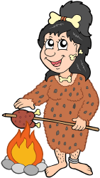 Prehistoric woman cooking meat to the fire Game
