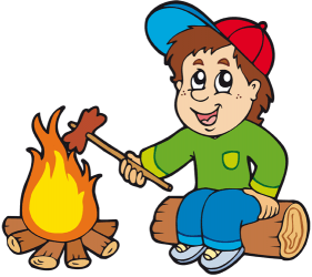 Young camper with a sausage in the camp fire Game