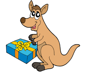 A happy kangaroo with his gift of Christmas Game
