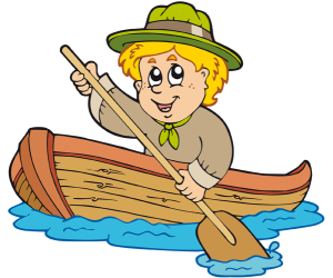 Boy scout in a wooden boat with oar Game