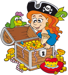 Pirate young woman with the riches of the treasure Game