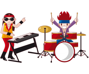Two members of the rock band in the concert Game