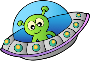 Green alien in a flying saucer Game