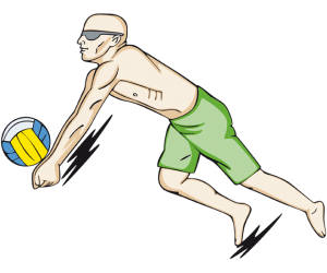 An action in a beach volleyball match Game