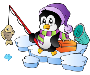 Penguin, a fisher on the ice. Ice fishing Game